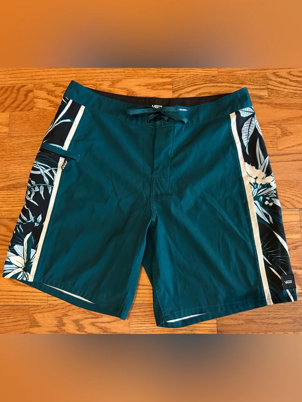 Vans Teal Swim Board Shorts with Black & White Floral Side Panels